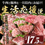 isa847 豚・牛を一月以内にお届け！生活応援便(合計17.5kg) 肉 豚肉 牛肉 霜降り すきやき しゃぶしゃぶ スライス 生姜焼き 豚バラ 切り落とし 焼肉 冷凍 ロース カタロース 肩ロース BBQ 【サンキョーミート株式会社】