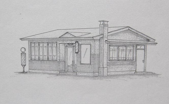 映画「鉄道員（ぽっぽや）」ロケセットデザイン画（複写）【床屋】 北海道 南富良野町 デザイン画 映画 鉄道員 ぽっぽや インテリア 地域のお礼の品 絵画 