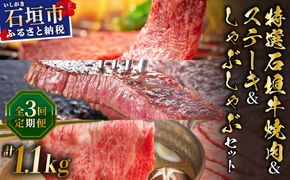 【2025年11月以降順次発送】希少な特選石垣牛をご家庭で！！全3回合計1.1kg　カルビ、赤身ステーキ各400gずつ、肩ロースしゃぶしゃぶ用300g &石垣牛 MARU秘伝の焼肉タレ100ml×1本