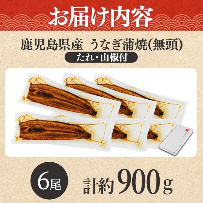 【0304349a-2611】＜11月上旬発送予定＞東串良町のうなぎ蒲焼(無頭)(6尾・計約900g・タレ、山椒付) うなぎ 高級 ウナギ 鰻 国産 蒲焼 蒲焼き たれ 鹿児島 ふるさと 人気 【アクアおおすみ】