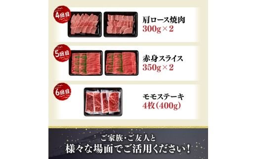 【6ヶ月定期便】宮崎牛定期便【肉 牛肉 国産 宮崎県産 宮崎牛 黒毛和牛 和牛 焼肉 BBQ すき焼き しゃぶしゃぶ 焼きしゃぶ 4等級  A4ランク 肩ロース ウデ モモ 】[C11122t6]