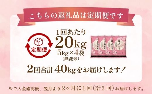 【 2ヶ月毎2回定期便 】 【 無洗米 】 はるかおり 20kg （ 5kg × 4袋 ） 計40kg お米 米 こめ コメ 白米 白飯 飯 ご飯 おにぎり 和食 国産 福岡県産 定期 定期配送