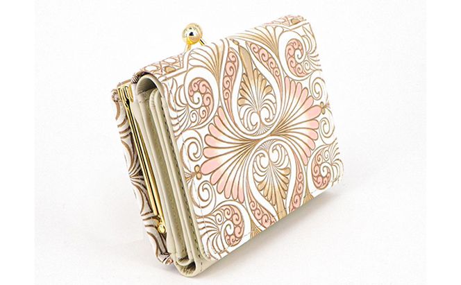 【文庫屋大関】三つ折りミニ財布　ロカイユ（ベビーピンク）【皮革工芸品】 ファッション 小物 民芸品 お札 カード 小銭 手のひらサイズ コンパクト 大人かわいい 牛革 手作り 国産 