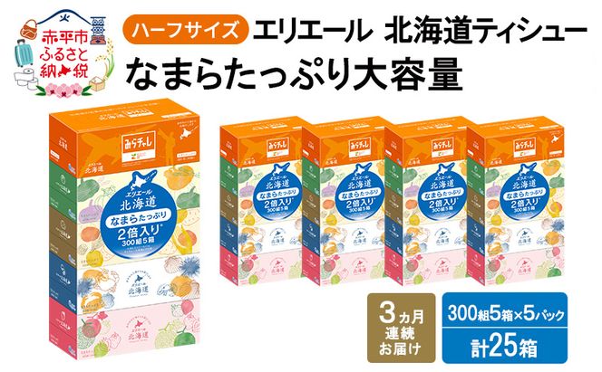 定期便 3ヵ月連続お届け エリエール ハーフサイズ 収納に便利 コンパクト 【少量5パック】 北海道ティシュー 300組 5箱×5パック 計25箱 なまらたっぷり 大容量 防災 常備品 備蓄品 消耗品 日用品
