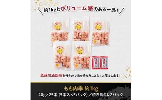 《発送月が選べる》宮崎県産若鶏もも串1kg（5本×5P）（焼き鳥たれ2P付） 【 肉 鶏肉 串 焼き鳥 バーベキュー BBQ 国産 宮崎県産 】 [D06901]