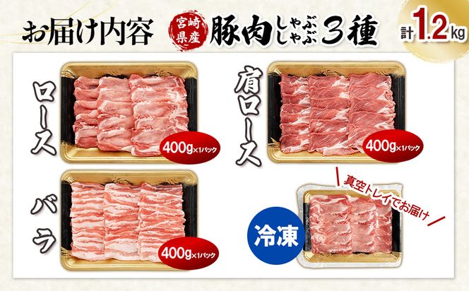 【真空パックで鮮度長持ち！】宮崎県産 豚しゃぶ 3種バラエティセット 1.2kg (ロース・肩ロース・バラ 各400g)