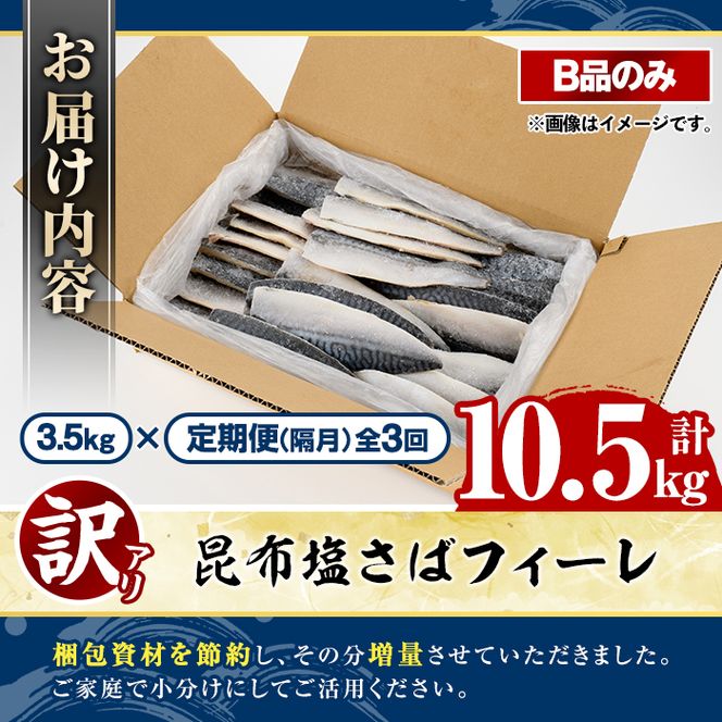 ＜定期便(隔月)・全3回＞訳あり！昆布塩さばフィーレ(B品のみ・計10.5kg) 大容量 ボリューム サバ 鯖 おかず おつまみ 惣菜 焼き魚 切り身 昆布 ご家庭用 リピート 定期便 【グローバルフーズ】akn061-29