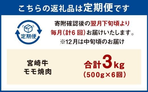 【6ヶ月定期便】＜宮崎牛モモ焼肉 500g（1パック：500g×6回）＞ お申込みの翌月下旬頃に第一回目発送（12月は中旬頃） 牛肉 お肉 肉 和牛 新生活応援 卒業祝い 就職祝い 入学 卒業 お花見 引越し【c1361_mc_x3】