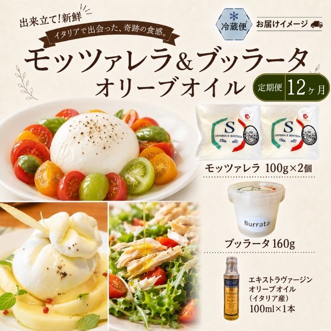 【ふるさと納税】12ヶ月定期便 フレッシュチーズ 2種 オリーブオイル セット モッツァレラ 100g 2個 ブッラータ 160g 1個 オリーブオイル 100ml チーズ おつまみ 送料無料 神奈川県 茅ヶ崎市