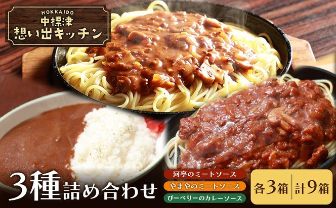 中標津 想い出キッチン「河亭のミートソース」「ぴーべりーのカレーソース」「やまやのミートソース」各3箱　合計９箱詰め合わせ【32038】