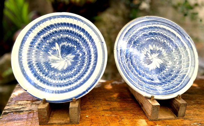 唐仙窯】スリップウェア技法 沖縄「海空」No1 皿 陶器 やちむん【 食器 