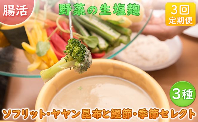 【塩麹3種×1ヶ月おき計3回お届け 定期便】サニーサイドアップカフェ 野菜の生塩麹 3種（ソフリット＋ヤヤン昆布と鰹節＋季節セレクト） 調味料 発酵食品 万能調味料 抗酸化作用 整腸作用 