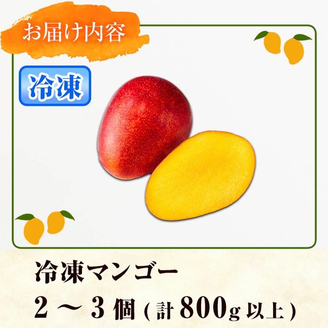 【0105933a】物産館おススメ！東串良町産 丸ごと冷凍マンゴー(計800g・2-3個入り) 果物 フルーツ 果実 デザート 国産 冷凍 ご家庭用 【東串良物産館ルピノンの里】