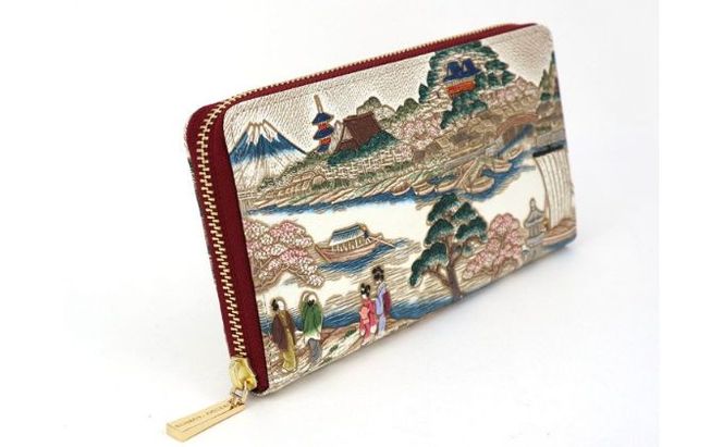 【文庫屋大関】大容量　ぐるっとファスナーの長財布　浮世絵　待乳山【皮革工芸品】 ファッション 小物 仕切り カードポケット ロングポケット 