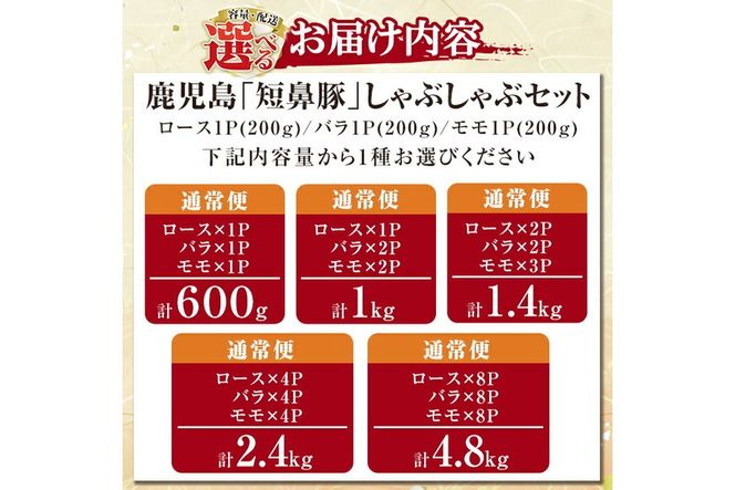 ＜容量・定期便が選べる＞鹿児島黒豚「短鼻豚」しゃぶしゃぶセット計600g～4.8kg(ロース肉・バラ肉・モモ肉) 【鹿児島ますや】姶良市 国産 鹿児島県 肉 豚 豚肉 黒豚 スライス しゃぶしゃぶ セット 小分け 食べ比べ a005 a039 a054 a065 a309