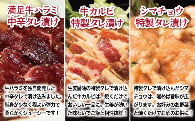 099H4204 【タレ漬け3種の牛焼肉セット】 満足牛ハラミ・牛カルビ・シマチョウ 合計4.5kg【味付け ハラミ 小分け 焼くだけ 簡単調理 BBQ 牛肉 250g×各6P 普段使い】