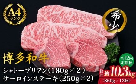 [全12回定期便][極厚ステーキ]シャトーブリアン 約180g×2枚 サーロインステーキ 約250g×2枚 合計4枚 博多和牛 A4ランク 和牛 ヒレ[糸島][糸島ミートデリ工房] [ACA179] ヒレステーキ ステーキ ヒレ フィレ 牛肉 赤身 国産 和牛 黒毛和牛 定期便