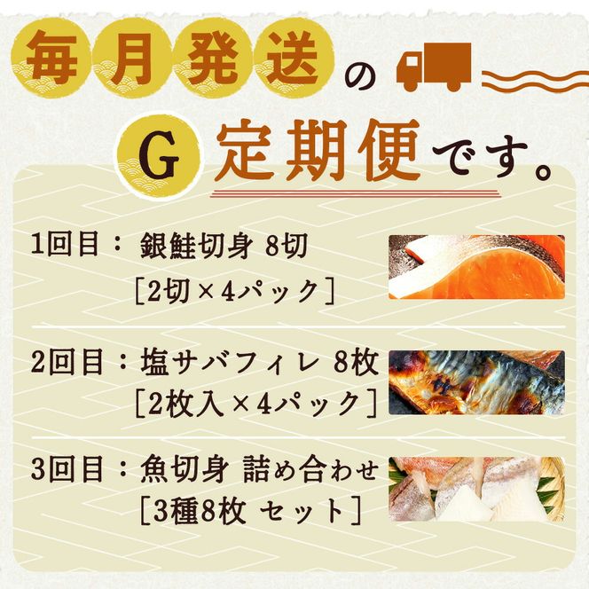 G60-T38_【定期便 全3回】魚鶴商店が選ぶ人気お魚G(銀鮭切身・サバフィレ・魚切身)