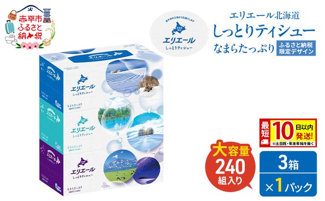 エリエール 北海道 しっとりティシュー なまらたっぷり 240組 3箱×1パック 最短 10日以内配送 最短配送 ふるさと納税限定デザイン ボックスティシュー 箱ティッシュ ペーパー 備蓄品 花粉 保湿 しっとり やわらか 赤平市
