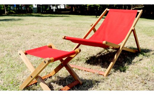 《 受注生産 》 布製 デッキ チェア 1脚 （ レッド ） 【 フットレスト付き 】 インテリア アウトドア キャンプ テラス 庭 家具 日用品 椅子 イス リクライニング 折りたたみ コンパクト 収納 [DP011us]
