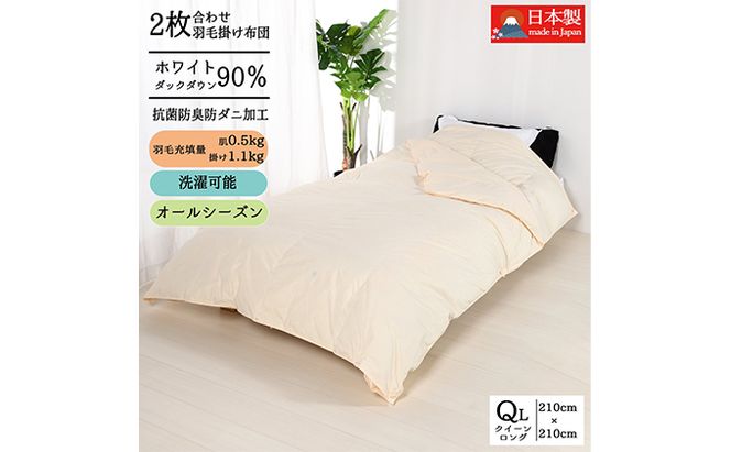 羽毛布団クイーン二枚合わせ 合掛布団1.1kg/肌掛布団0.5kg オールシーズン対応 クリーム 寝具 掛け布団 軽量 立体キルト 春 夏 秋 冬 