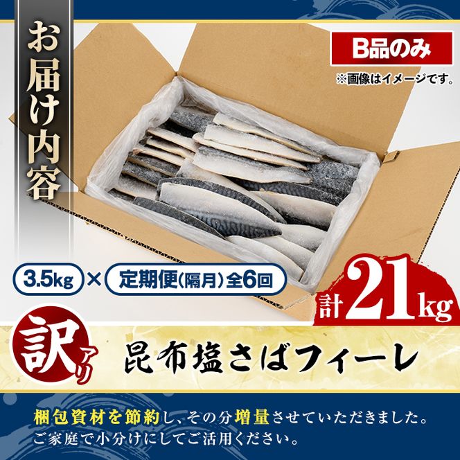 ＜定期便(隔月)・全6回＞訳あり！昆布塩さばフィーレ(B品のみ・計21kg) 大容量 ボリューム サバ 鯖 おかず おつまみ 惣菜 焼き魚 切り身 昆布 ご家庭用 リピート 定期便 【グローバルフーズ】akn061-30