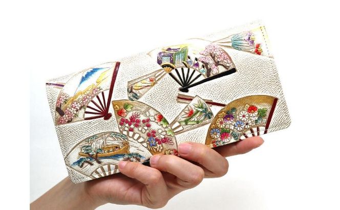【文庫屋大関】束入れ 四季扇面【皮革工芸品】 財布 お札 お札入れ 長財布 カード 小銭 牛革 手作り 日本製 墨田区 東京都