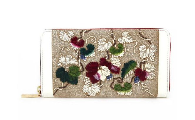 【文庫屋大関】 大容量　ぐるっとファスナーの長財布　野葡萄【皮革工芸品】 ファッション小物 民芸品 