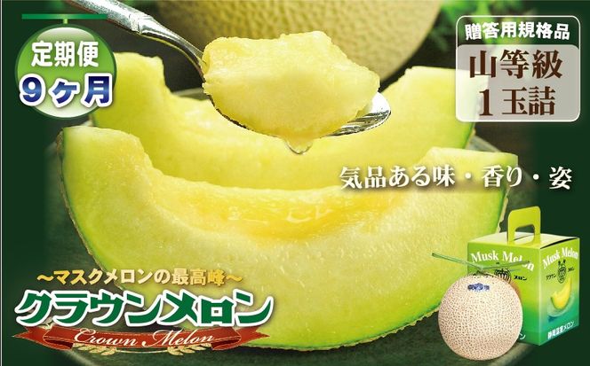 【9ヶ月定期便】クラウンメロン（山等級）１玉入 　果物 フルーツ デザート メロン マスクメロン 青肉 高級 ギフト 贈り物 静岡県産 袋井市