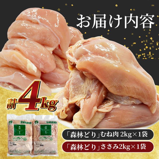 宮城県産森林どり むね肉・ささみ (各2kg・計4kg) / 鶏肉 肉 銘柄鶏 ブランド鶏 国産鶏肉【wellfam2】