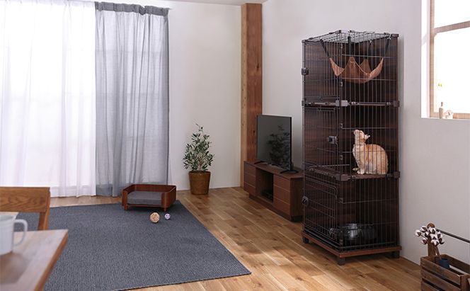 ファニチャースタイルケージ3段 PFSC-603 ウォールナット アイリスオーヤマ 猫用 ペット用品 家具調 キャットケージ 掃除 簡単 手軽 ハンモック付き ステップ付き ネコのおうち 室内飼い ペット 