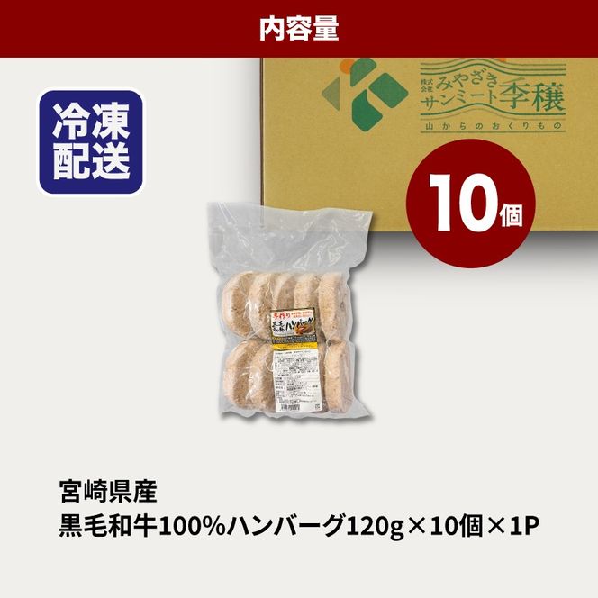 ★スピード発送!!７日～10日営業日以内に発送★宮崎県産黒毛和牛100%ハンバーグ120ｇ×10個 K16_0160