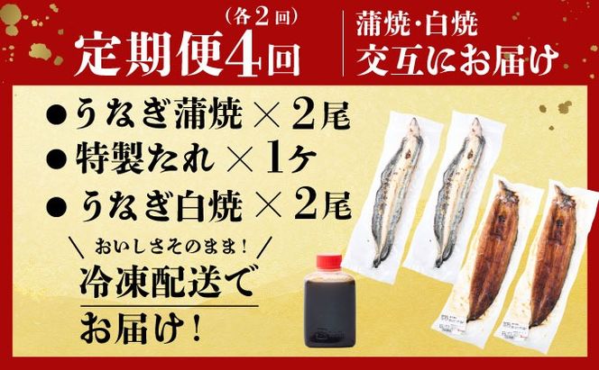 蒲焼き・白焼きを交互にお届け！国産うなぎ２尾【全４回定期便】 _ うなぎ 鰻 ウナギ 2尾 国産 高知県産 蒲焼き 白焼き かばやき 冷凍 うな重 ひつまぶし タレ ランキング 人気 4回 定期便 [yj058]