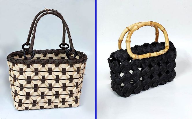 紙バンドで作られた手作りかごバッグ（完成品）2点セット