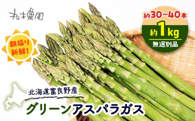 【2026年4月上旬より発送】北海道 富良野産 グリーンアスパラガス サイズ無選別品 約1kg 約30～40本 (松本農園) 野菜 新鮮 直送 朝採り アスパラガス 道産 北海道 ふらの 