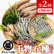 ＜定期便・全2回(隔月)＞阿久根市産 干物(6種)国産 鹿児島県産 ひもの 開き 一夜干し がらんつ 乾物 魚 キビナゴ あじ いか イカ うるめ あおさ 【マルフク川畑水産】akn029-13