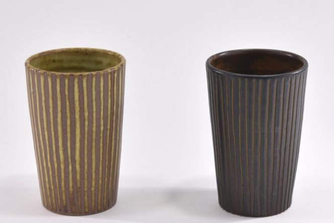 京焼「遙白釉＆新羅釉／木賊紋ビアグラス」【ピスタチオグリーン＆黒】2種セット〈ビアグラス グラス 京焼 手作り 食器 陶器 工芸品 新羅釉 遙白釉 木賊紋〉 京焼グラス 