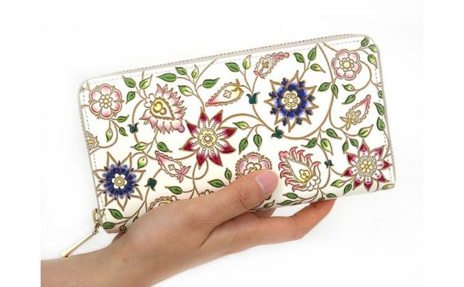 【文庫屋大関】 大容量　ぐるっとファスナーの長財布　花更紗【皮革工芸品】 ファッション小物 民芸品 