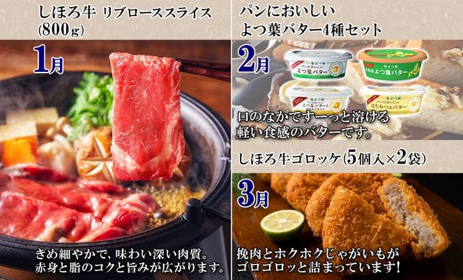 しほろ プレミアム 定期便 全10回 しほろ牛 リブロース サーロインステーキ よつ葉 バター コロッケ ポテトチップス フライドポテト ローストビーフ アイス 国産 冷凍 詰め合わせ お取り寄せ 頒布会 送料無料 十勝 士幌町【X26-2】