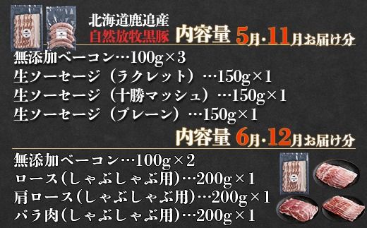 鹿追産 自然放牧黒豚 圧巻の豚肉おまかせ定期便（12ヶ月分） SKN013