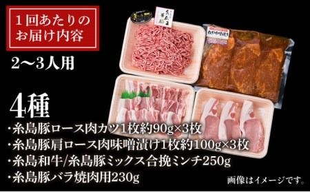 【全3回定期便】毎日のメインのおかずを彩る精肉セット 1,050g 2～3人前 4種《糸島》【糸島ミートデリ工房】 [ACA201] 和牛 牛肉 豚肉 鶏肉 BBQ トンカツ 焼肉 ハンバーグ