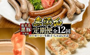 a888 《定期便全12回》鹿児島黒豚「短鼻豚」無添加ソーセージ＆生餃子＆しゃぶしゃぶ【鹿児島ますや】姶良市 豚肉 黒豚 無添加 ウィンナー ソーセージセット ウインナーソーセージ 豚しゃぶ 餃子 ぎょうざ ギョーザ おかず