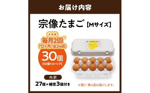 【毎月2回！第2・第4週お届け定期便】新鮮 赤卵「宗像たまご」Mサイズ 30個×12ヶ月定期便 (27個＋補償3個)【JAほたるの里】_HB0217