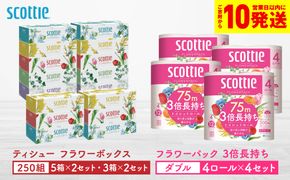 【スコッティ】ティシュー フラワーボックス 250組（5箱パック×2セット・3箱パック×2セット）＋フラワーパック 3倍長持ち（4ロール(ダブル)パック×4セット）ティッシュ トイレットペーパー 日用