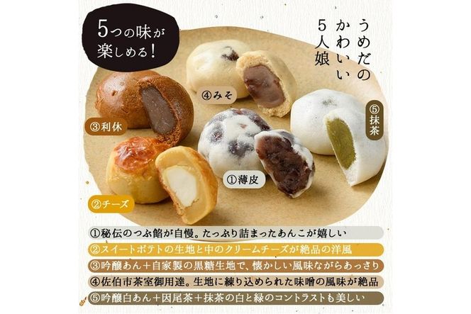 ひとくちまんじゅう 佐伯むすめ (計30個・5種×6個) 饅頭 饅頭 ひとくち 一口 薄皮 みそ 黒糖 抹茶 チーズ お菓子 スイーツ おやつ 焼き菓子 和菓子 詰め合わせ 個装 常温 大分県 佐伯市【AG96】【 (株)お菓子のウメダ】