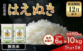 FYN2-005 【6回定期便・12月前半発送】令和7年産 新米 山形県産 はえぬき 10kg 2025年 お米 米 米米 ごはん ご飯 白米 国産 ブランド米 節水 時短 冷めてもおいしい贈答 ギフト 家庭用 自宅用 お取り寄せ 食品 山形県 西川町 月山
