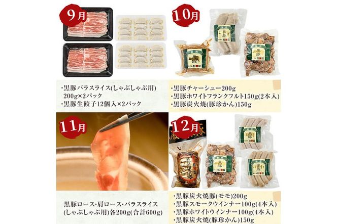 a889 《定期便全12回》鹿児島ますやの鹿児島黒豚「短鼻豚」のお肉＆無添加加工品【鹿児島ますや】姶良市 豚肉 黒豚 無添加 ソーセージ ウィンナー ウインナーソーセージ ベーコン チャーシュー 炭火焼き ハム 焼肉 しゃぶしゃぶ 餃子 おかず