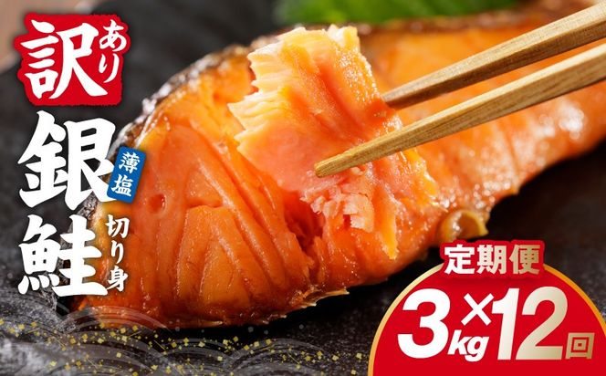 G6152 【定期便】銀鮭 切り身 3kg(約27切れ前後) 全12回【訳あり 規格外 甘塩 バラ凍結 海鮮 魚介 鮭 さけ しゃけ お弁当 朝食 おかず 簡単調理】
