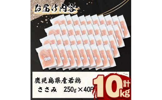 小分けで便利！鹿児島県産若鶏ささみ 計10kg(250g×40P) b7-026