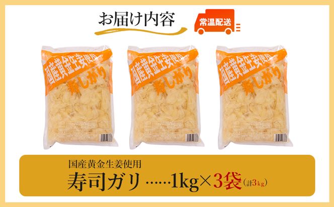 ガリ 1kg×3袋 【7日程度で発送】国産黄金生姜使用 寿司 送料無料 生姜 ジンジャー ガリ がり 寿司がり 寿しがり お寿司 付け合せ 漬物 漬け物 国産 特産品 黄金しょうが しょうが ショウガ 高知県産 坂田信夫商店 高知県 香南市 常温 Xnb-0012